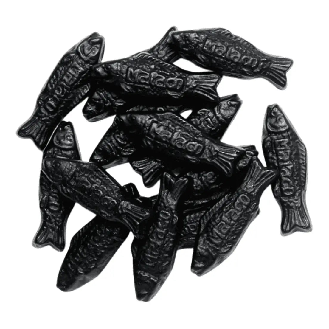 A pile of black fish-shaped gummy candies with the brand name 'Malaco' embossed on each piece, set against a plain white background