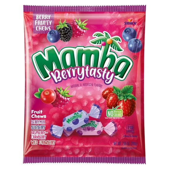 Mamba Berrytasty candy package with berry graphics on a white background
