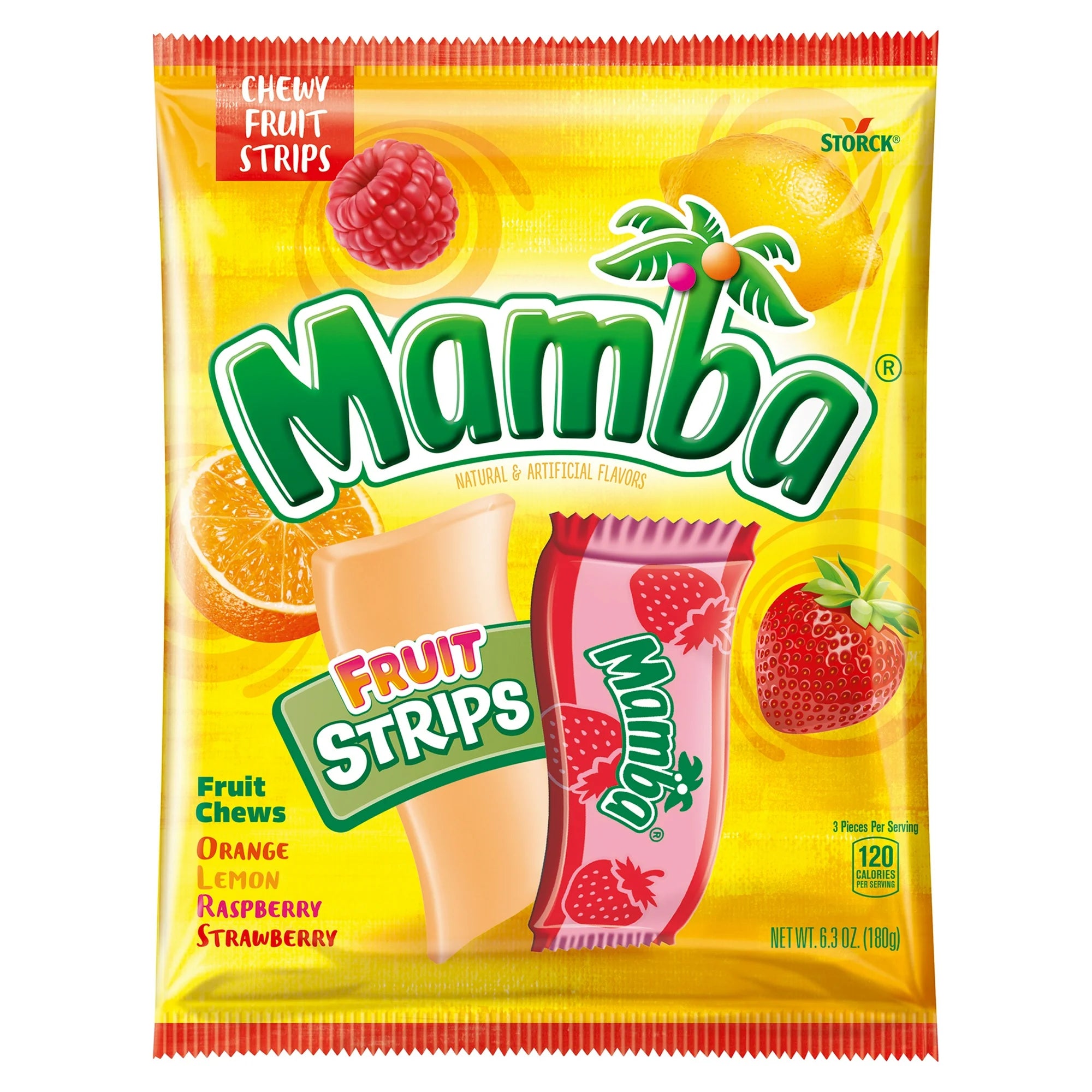 Mamba fruit strip package with colorful design on a white background