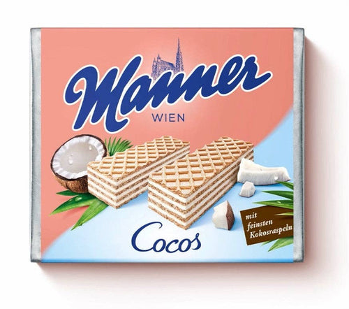 Manner Cocos wafers packaging with coconut illustration on a white background