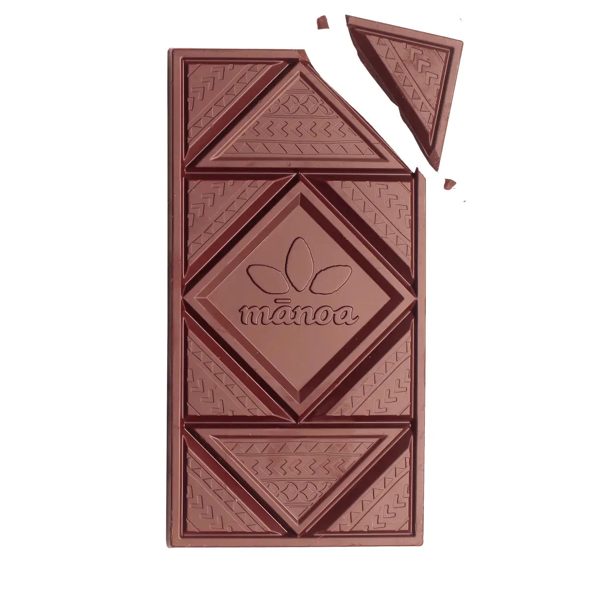 Chocolate bar with geometric patterns and a Monoa brand logo on a white background