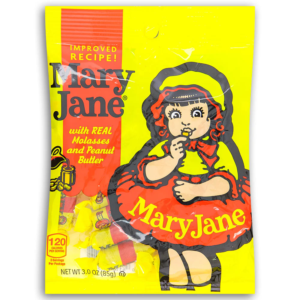 Vintage-style packaging of Mary Jane candy with a cartoon character on a yellow background