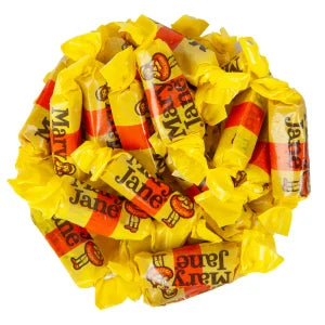 Cluster of wrapped Mary Jane candies on a white background