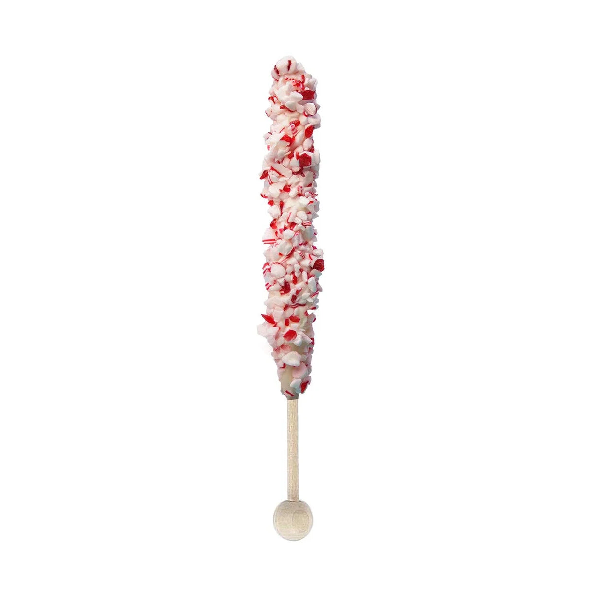 Front view of White Chocolate Peppermint Stirrer showcasing red and white peppermint pieces on a stick with a white background