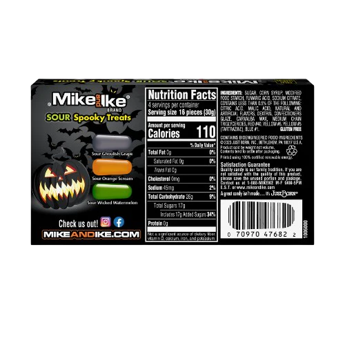 Mike and Ike Sour Spooky Treats packaging with Halloween-themed design on a white background