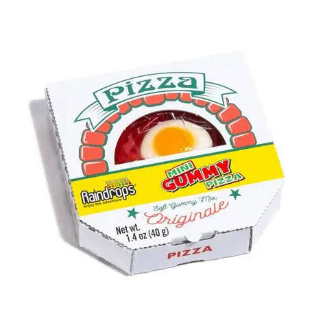Mini gummy pizza packaging with a gummy pizza inside on a white background