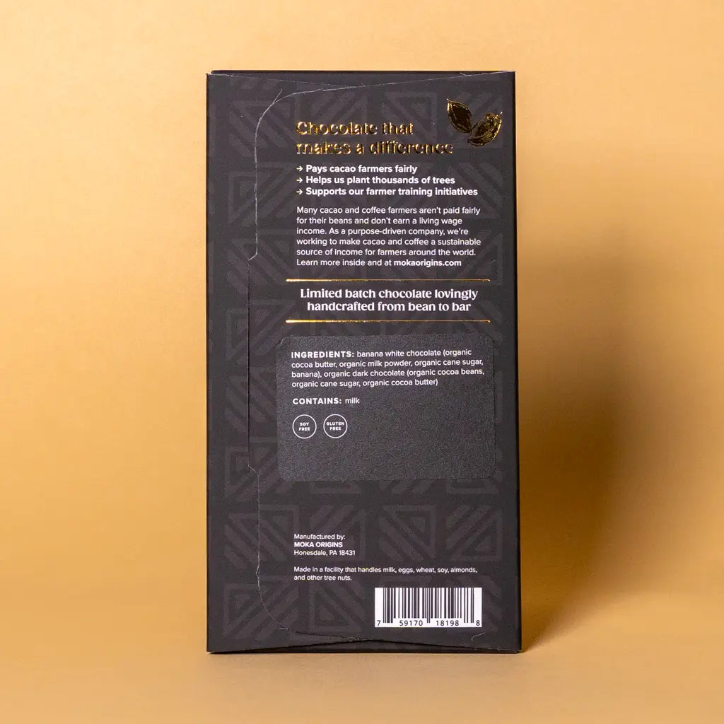 Back of Moka Origins Banana Cream Pie 72% chocolate package showing ingredients and a Chocolate that makes a difference message