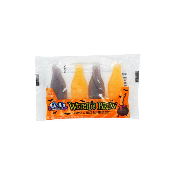 Packaged candy labeled 'Witch's Brew' with orange and black design on a white background