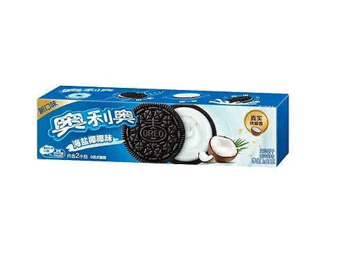 A box of Oreo咸蛋黄夹心饼干 (咸蛋黄 Oreo) featuring blue packaging with a graphic of a chocolate-dusted Oreo cookie and a coconut illustration