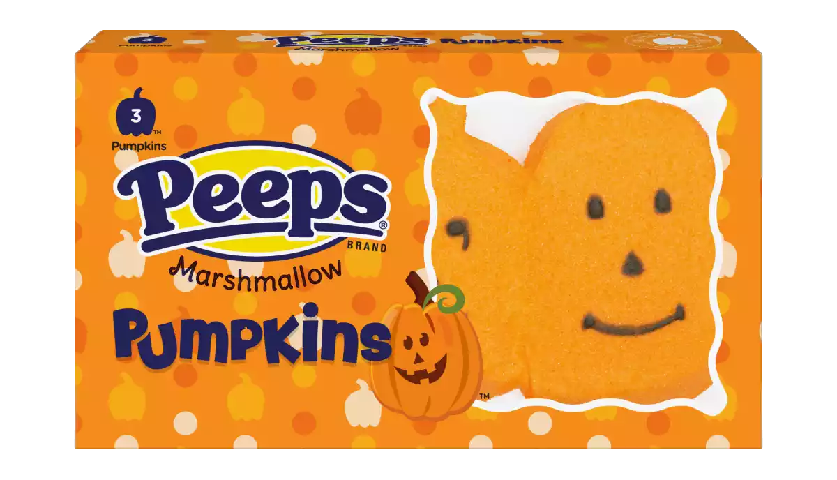 Box of Peeps Marshmallow Pumpkins on an orange background