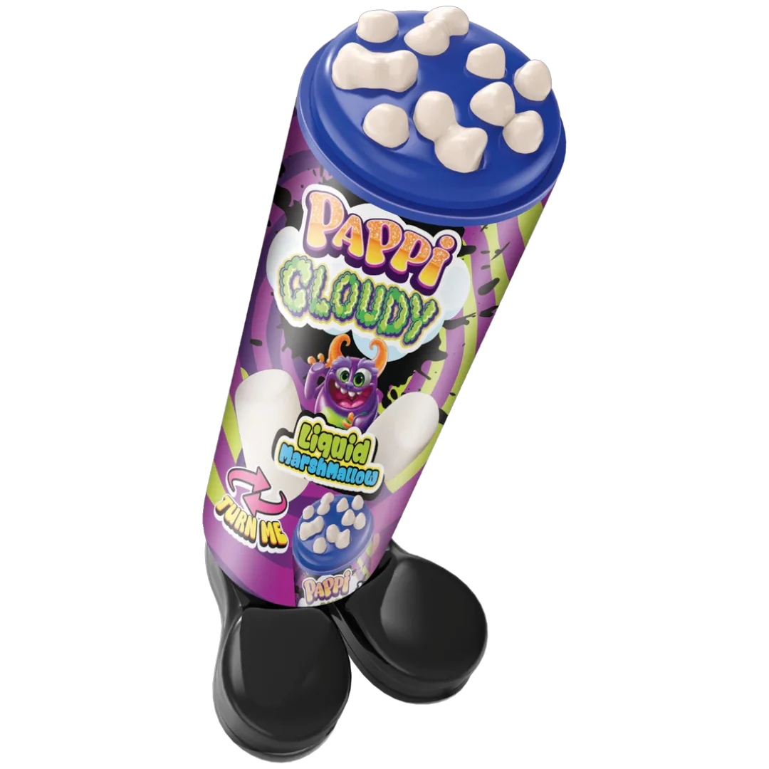 Pappi Cloudy liquid marshmallow bottle with blue cap and black base on a white background