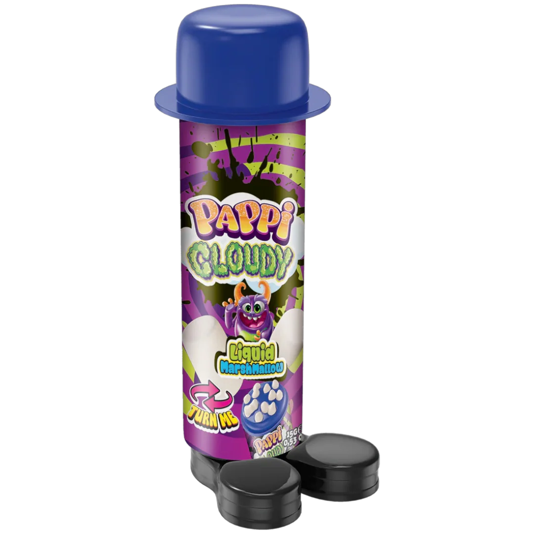 Pappi Cloudy Liquid Marshmallow bottle with blue cap and colorful label on a white background