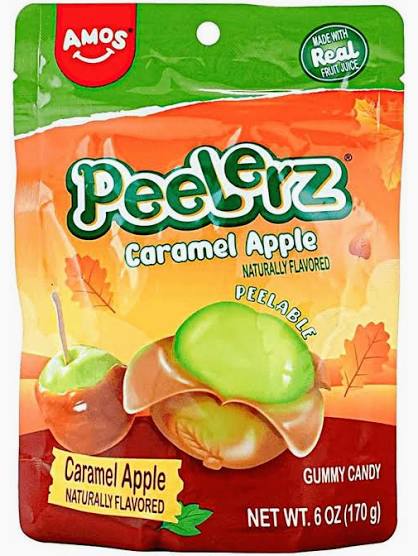 A 6 oz bag of Amos Peelerz Caramel Apple gummy candy, featuring a colorful orange and red package with illustrations of caramel-apple gummies and a green top section