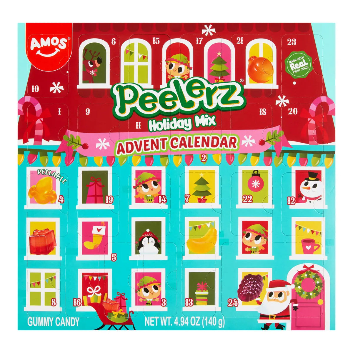 Front view of Peelerz Holiday Mix Advent Calendar showcasing 24 numbered candy doors and 140 gram gummy candy with Christmas artwork