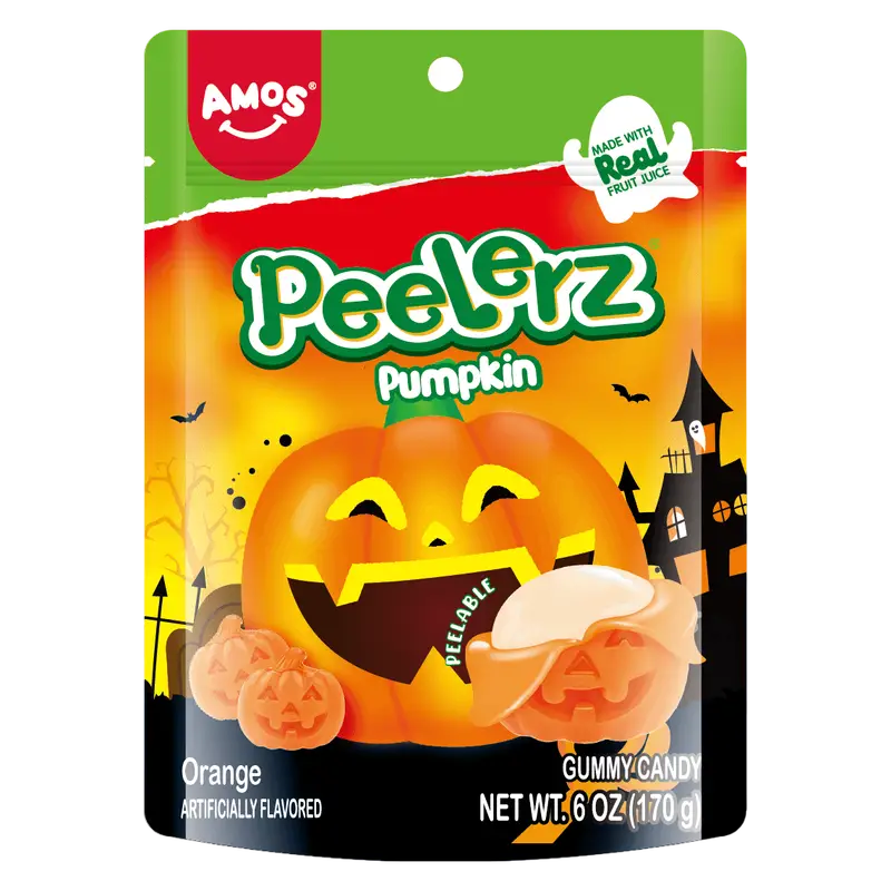 Amos Peelers Pumpkin gummy candy package with Halloween-themed design