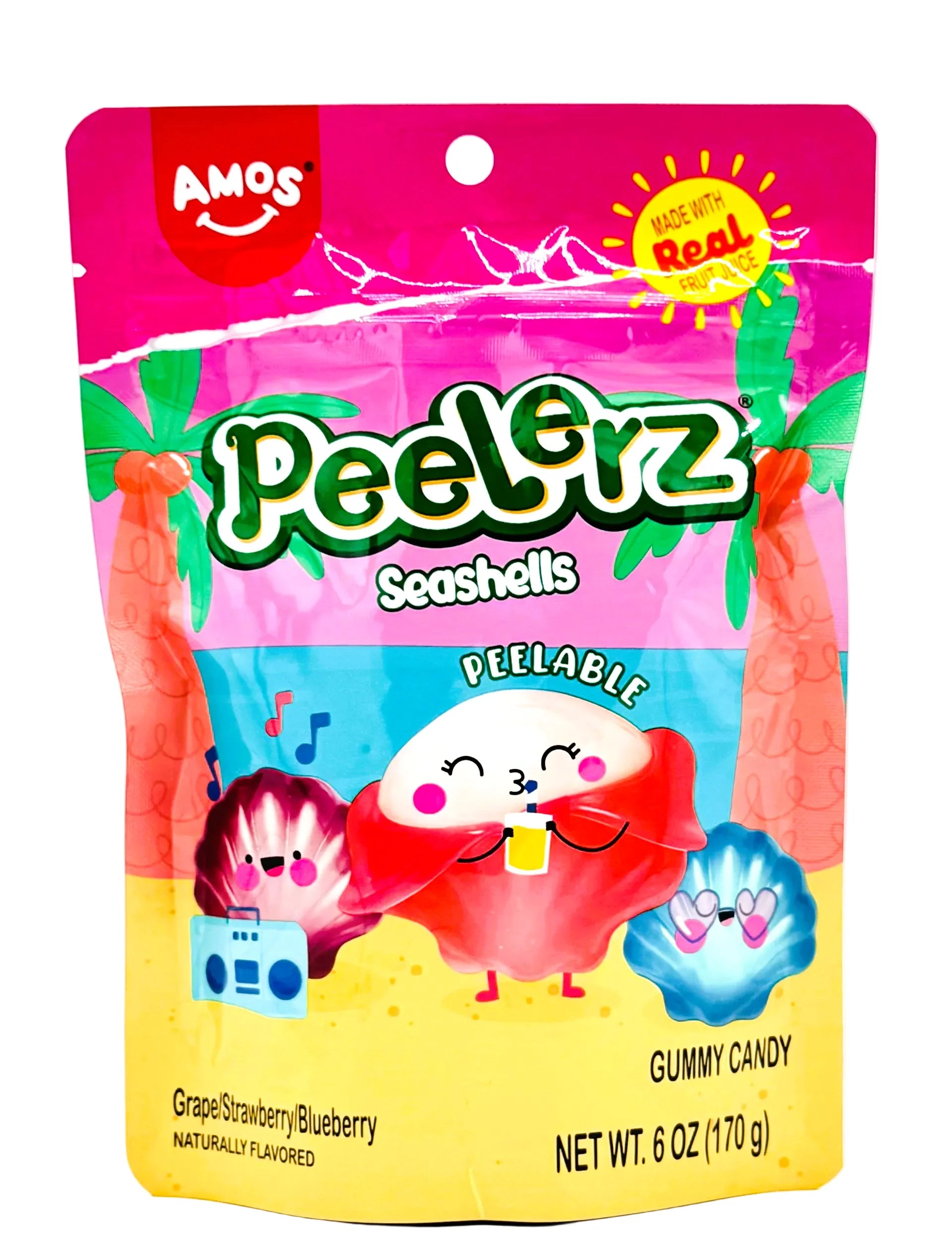 Packaging of Amos Peelerz Seashells gummy candy with colorful design