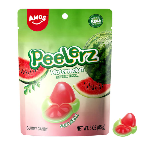 Amos Peelerz Watermelon gummy candy package on a white background