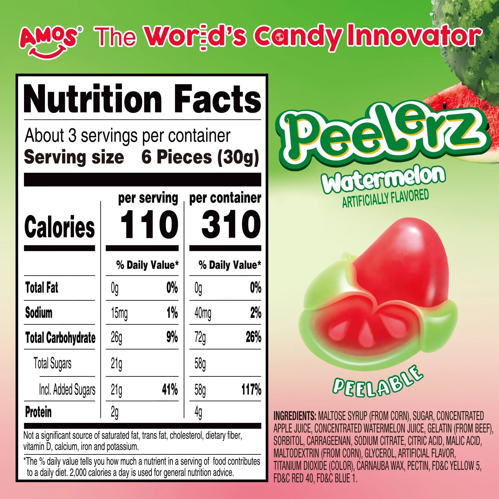 Nutrition facts label for Amos PeelErz Watermelon candy with a green background