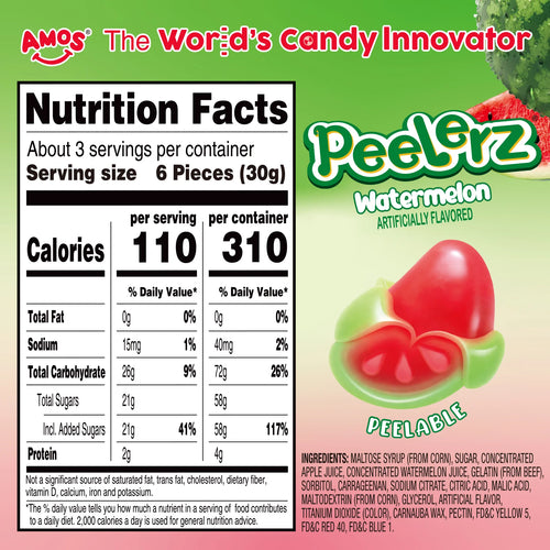 Nutrition facts label for Amos PeelErz Watermelon candy with a green background