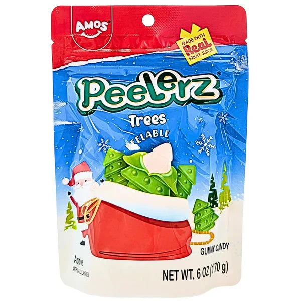 Packaging of Amos PeelErz Trees gummy candy with a festive design