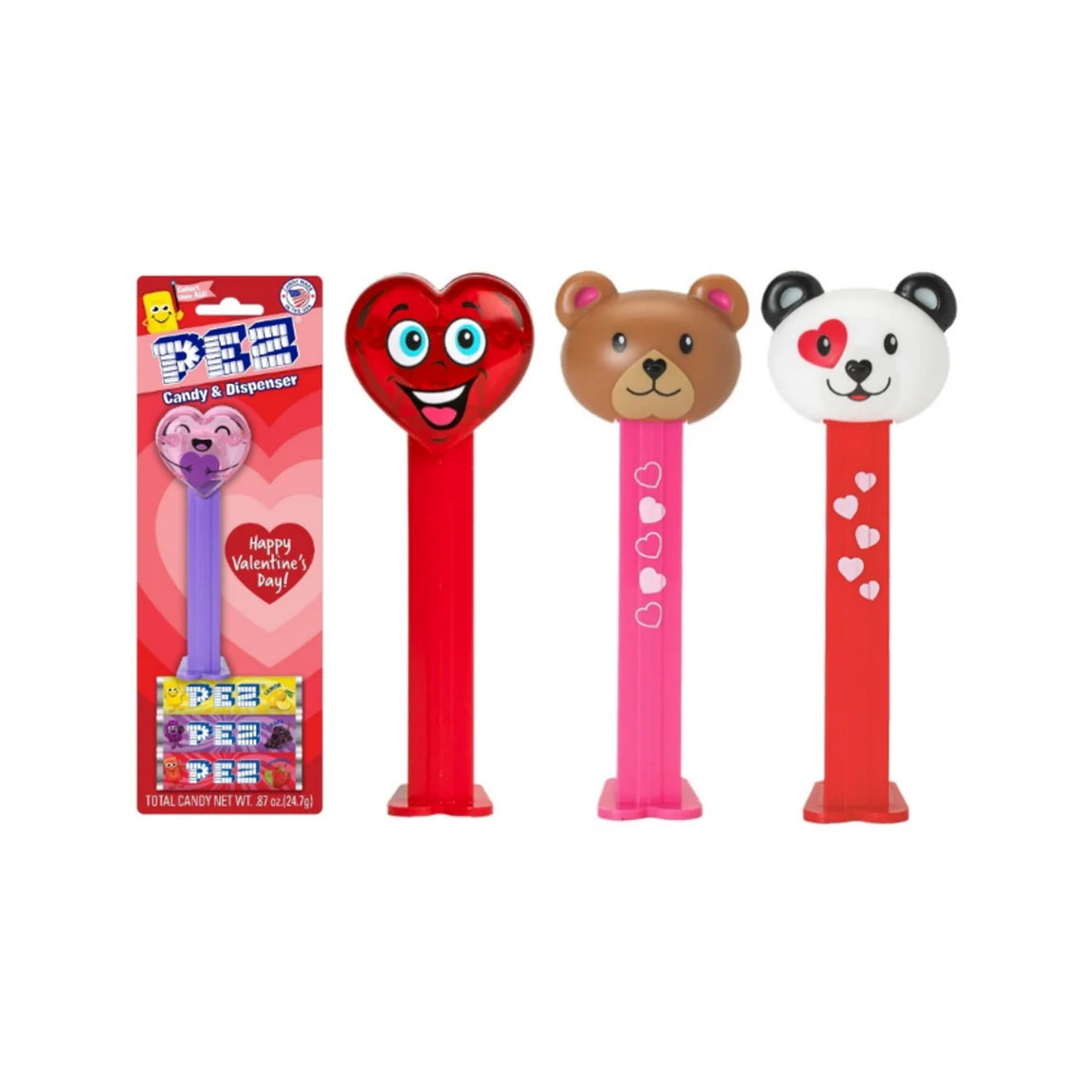 Set of Valentine-themed PEZ dispensers with packaging on a white background