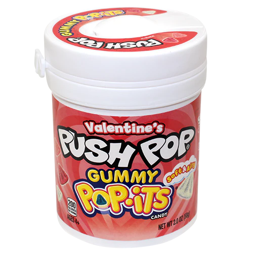 Valentine's Push Pop Gummy Pop-its container on a white background