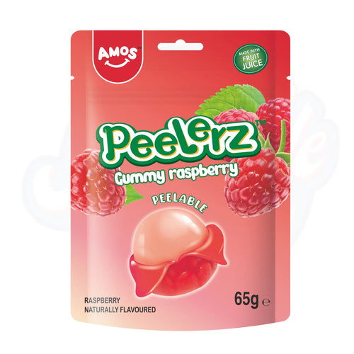 Packaging of Amos Peelerz Gummy Raspberry candy on a white background