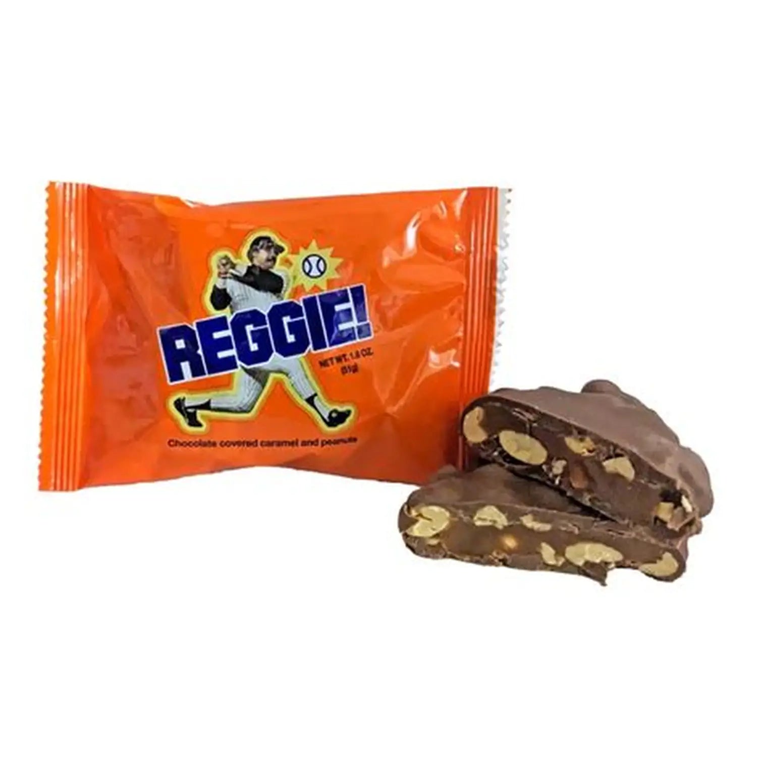 Orange candy wrapper with a character and two pieces of chocolate candy on a white background