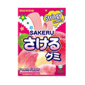Packaging of Sakeru Stringy Gummy candy with pink and green colors on a white background