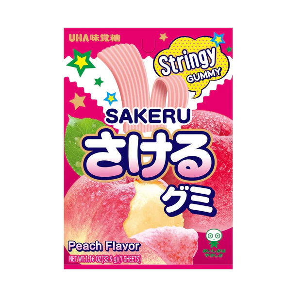Packaging of Sakeru Stringy Gummy candy with pink and green colors on a white background