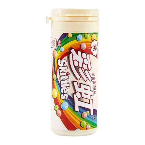 Skittles candy container with colorful design on a white background