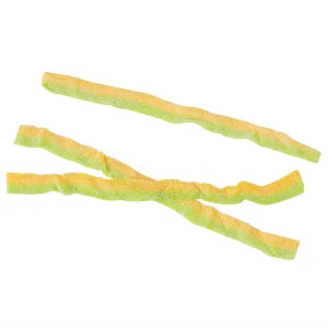 Three twisted sour candy strips with a green and yellow-orange sugar-coated coating, arranged on a plain white background.