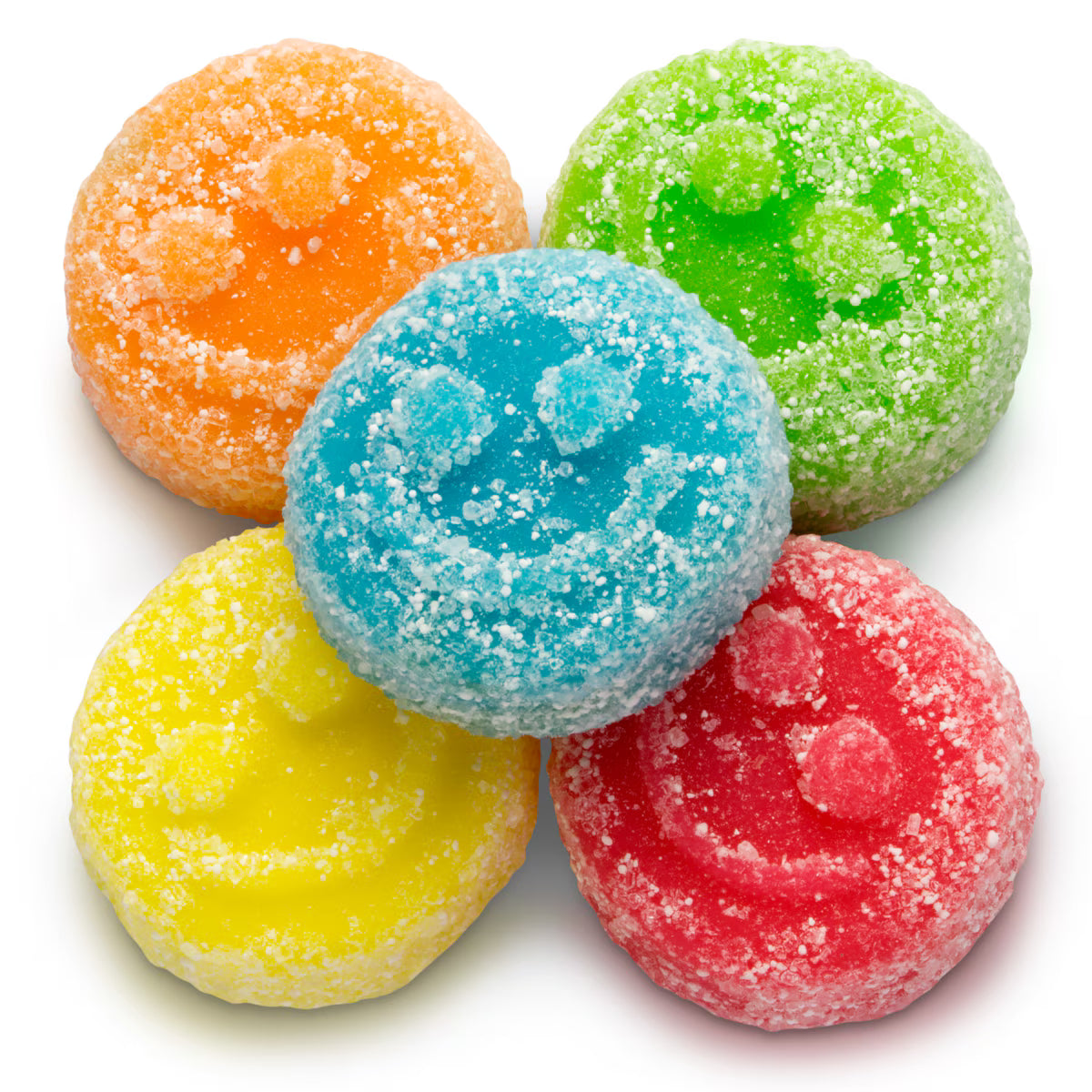 Six round, sugar-coated candies in assorted bright colors, including orange, green, blue, yellow, pink, and red, arranged in a cluster on a white background.