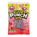 Front view of Sour Punch Bites Rad Reds bag showing bright pink packaging with sour red candy pieces on white background