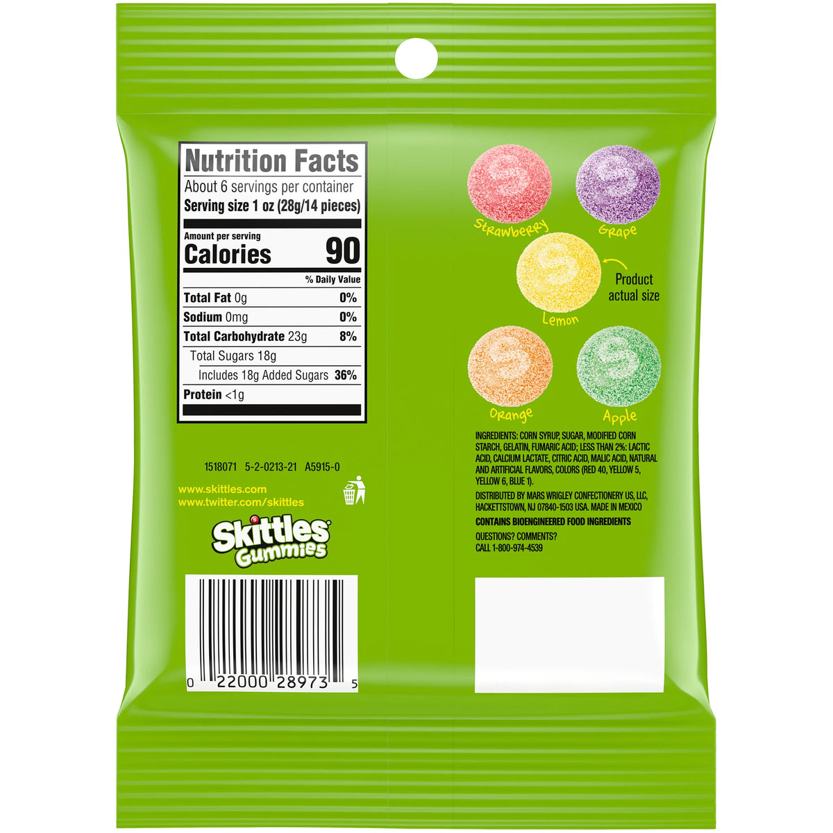 Back view of Sour Skittles Gummies package showing Nutrition Facts and assorted flavor labels on green packaging