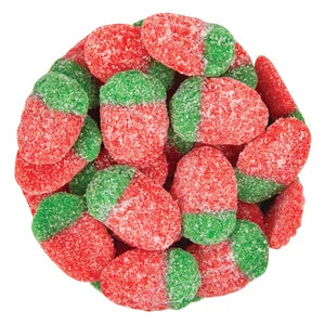 Red and green gummy candies on a white background
