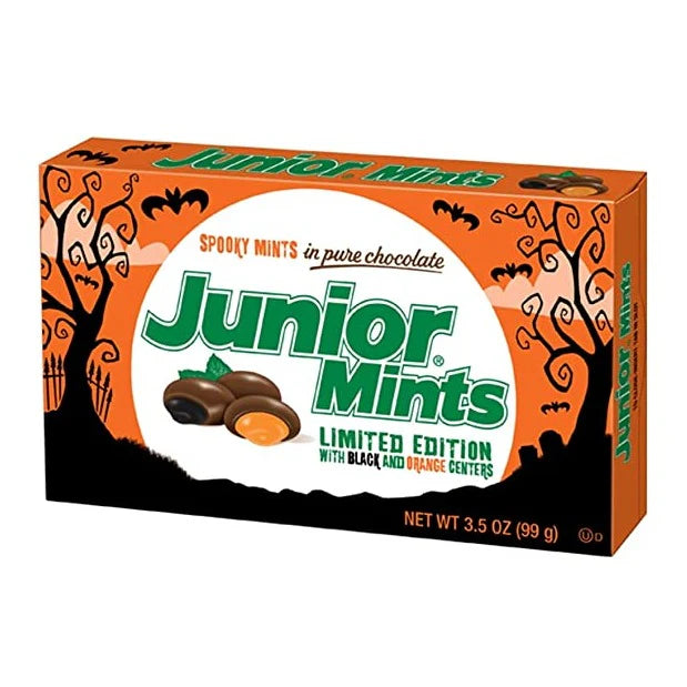 Halloween-themed Junior Mints candy box with orange and black design