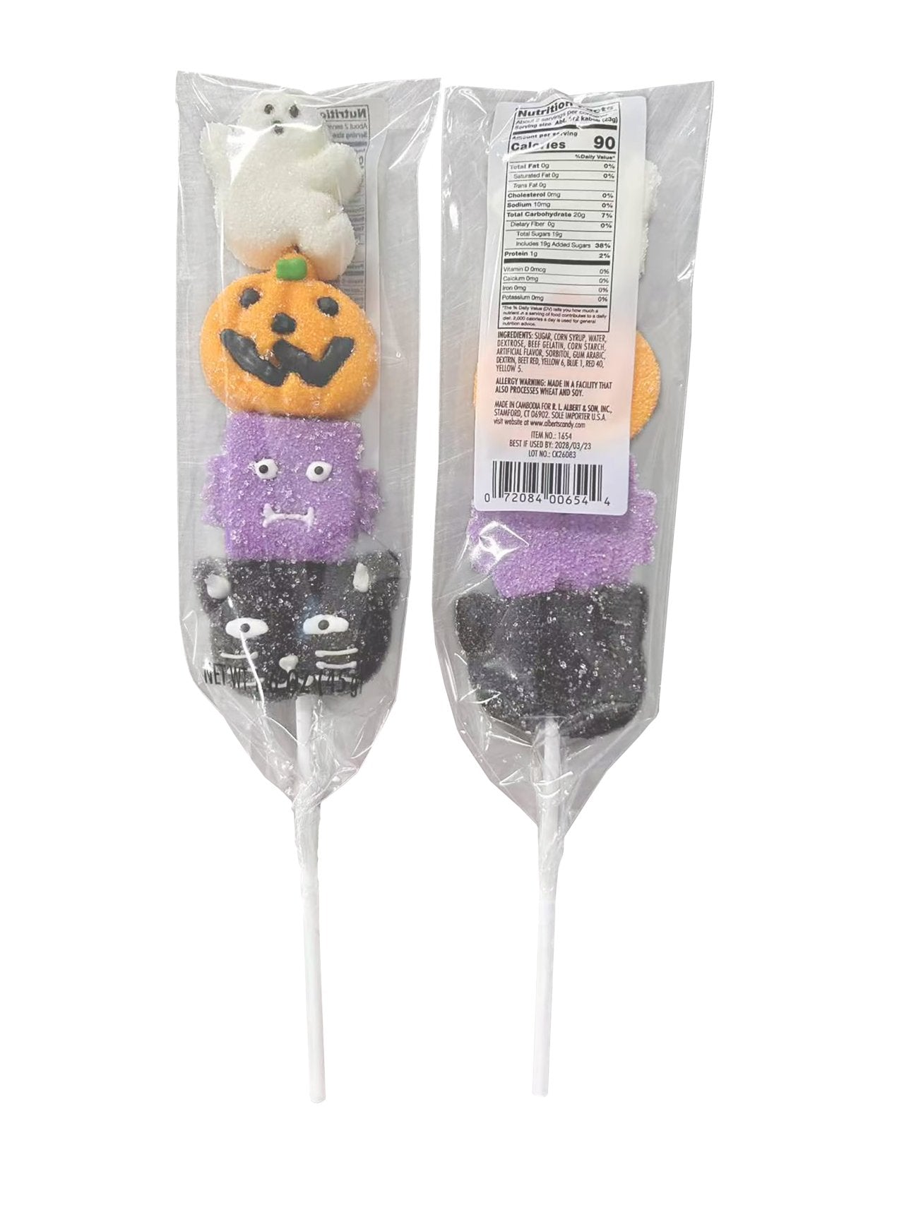 Two packaged Halloween-themed lollipops on a white background