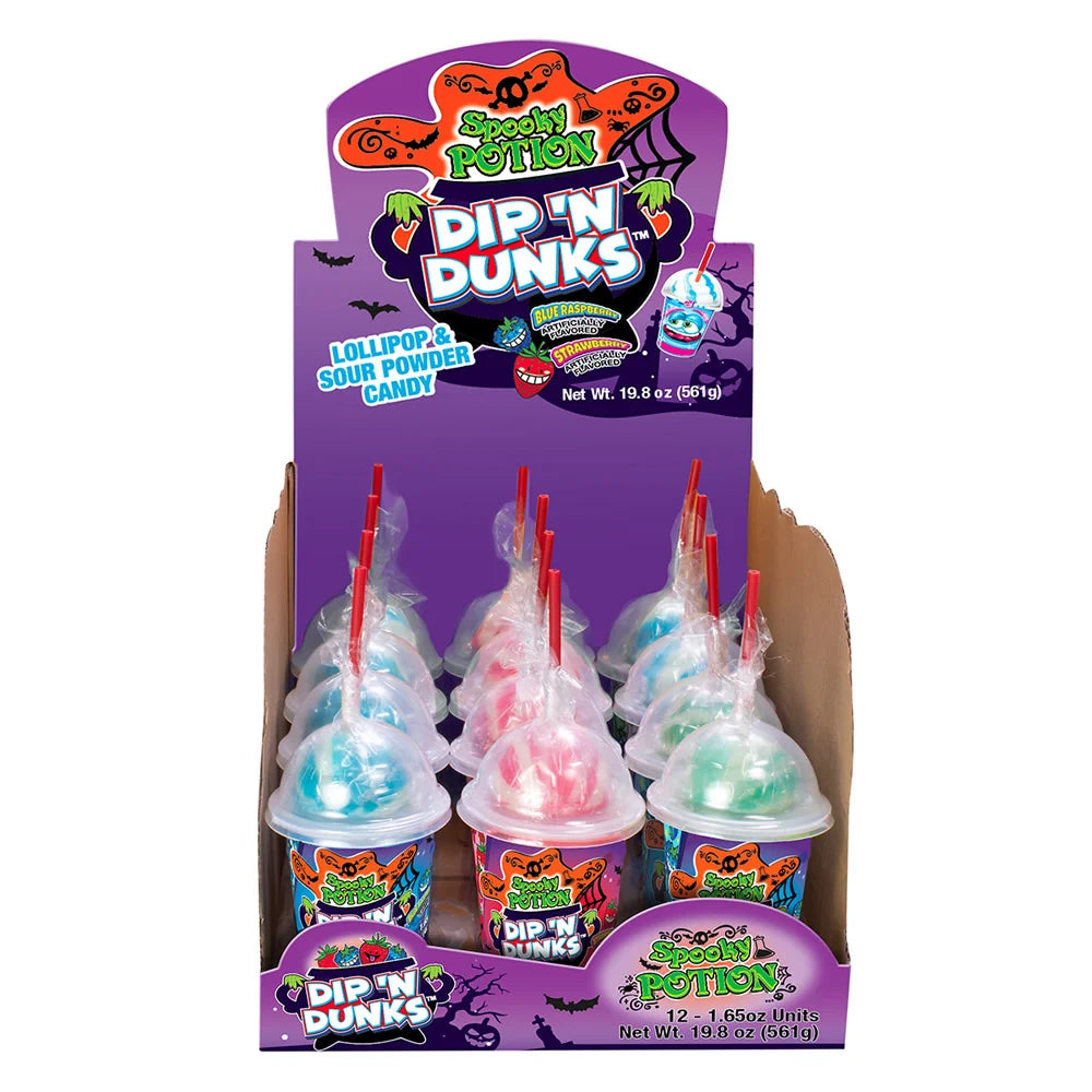 Display box of Spooky Potion Dip 'N Dunks candy with colorful lollipops and red straws