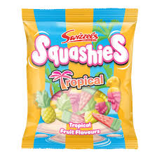 Pack of Swizzles Squashies Tropical fruit-flavored gummies with colorful packaging
