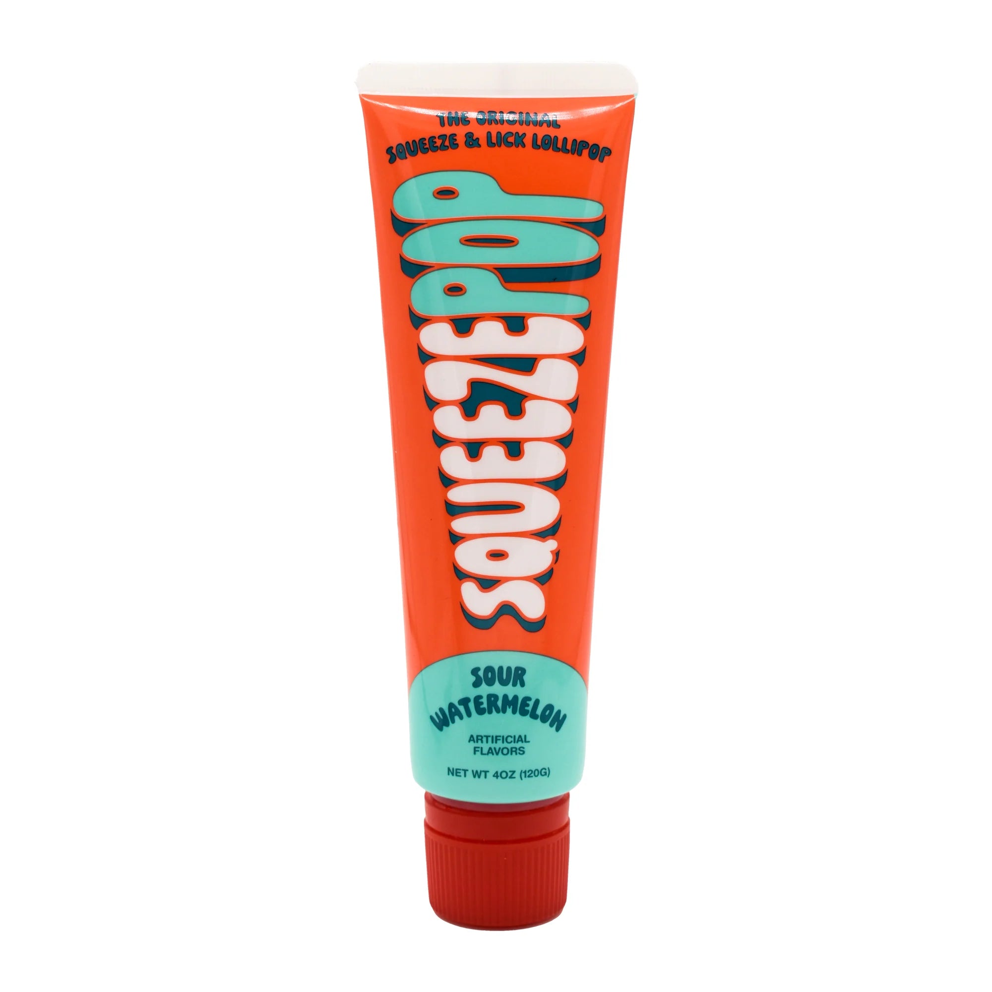 Squeeze Pop tube of sour watermelon flavor on a white background