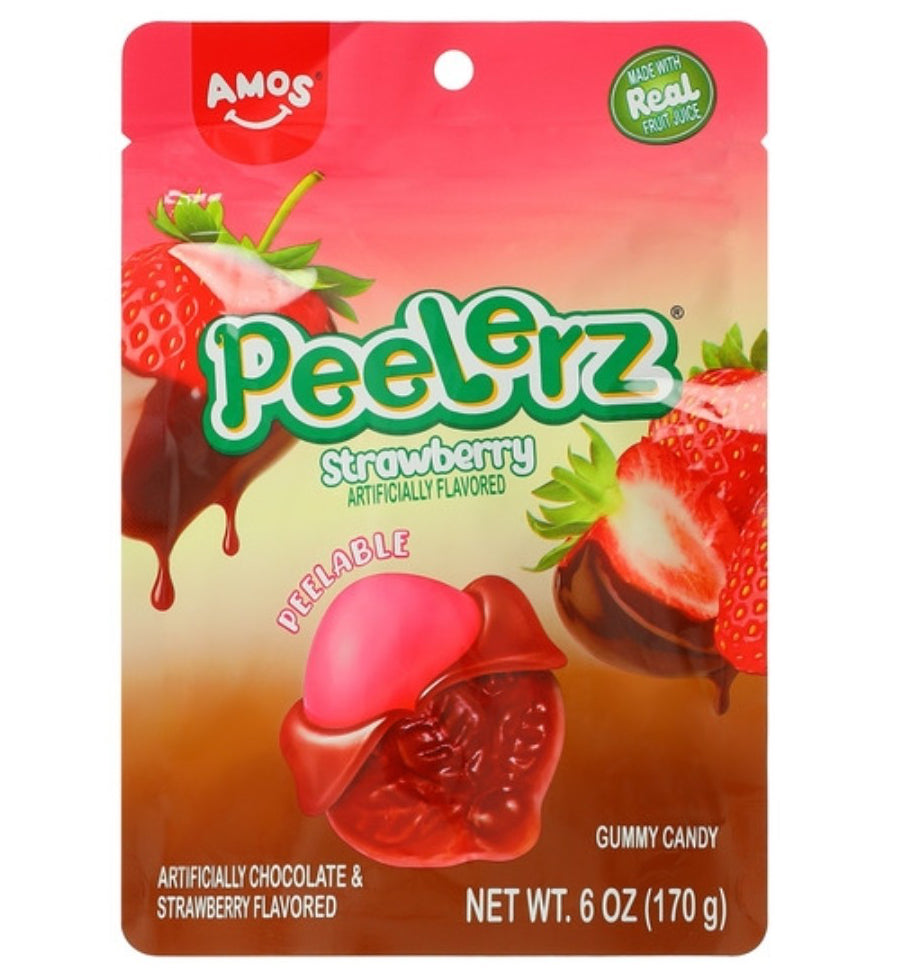 Package of Amos Peelerz Strawberry gummy candies on a white background