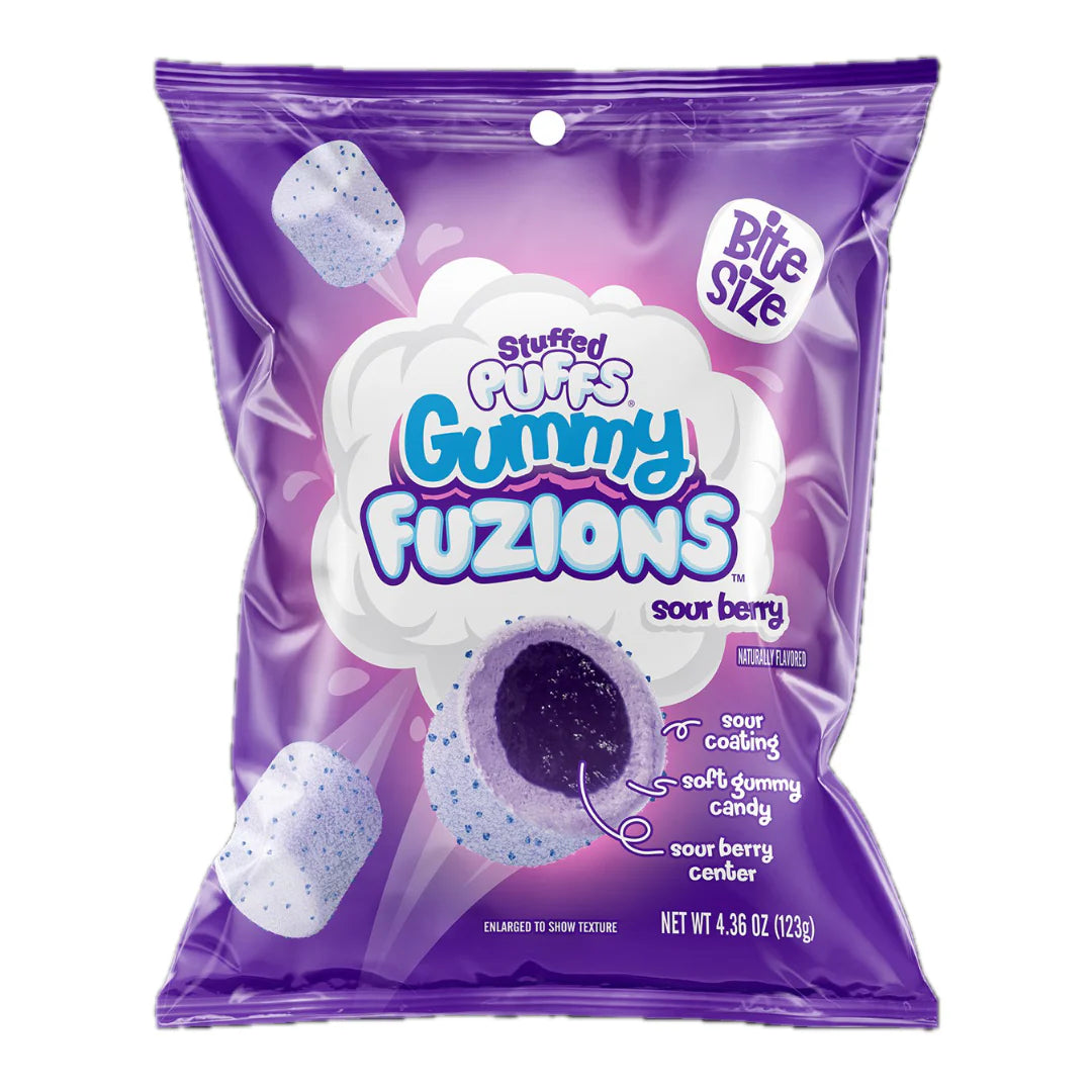 Purple package of Stuffed Puffs Gummy Fuzions Sour Berry on a white background