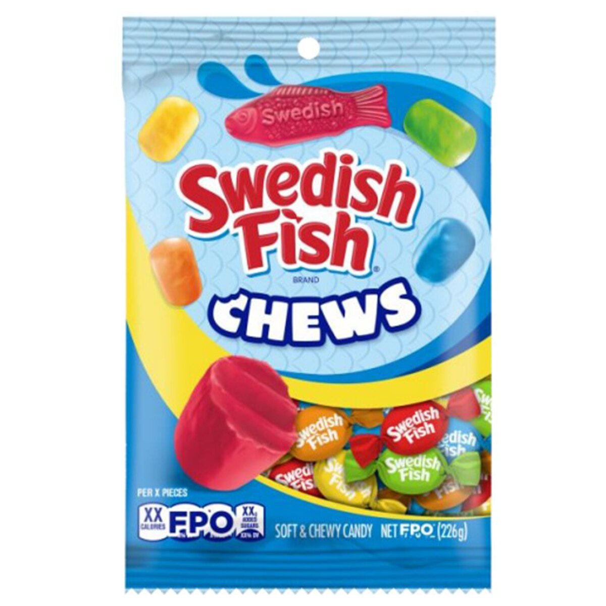 Swedish Fish Chews candy package with colorful candies on a blue background
