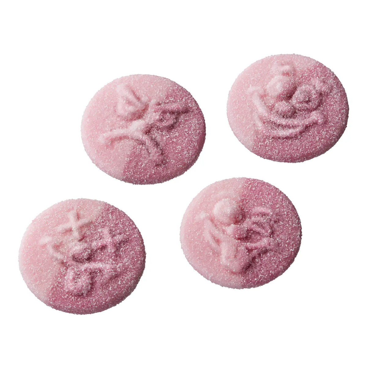 Four round pink sugar-coated gummies with embossed cartoon character designs, arranged on a plain white background