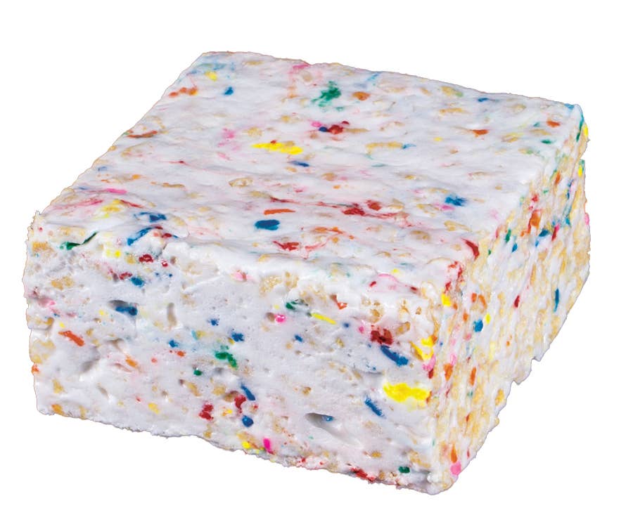 Block of white marshmallow with colorful sprinkles on a white background