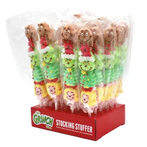 Packaged candy sticks with cartoon characters on a red box labeled 'Grinch Stocking Stuffer'
