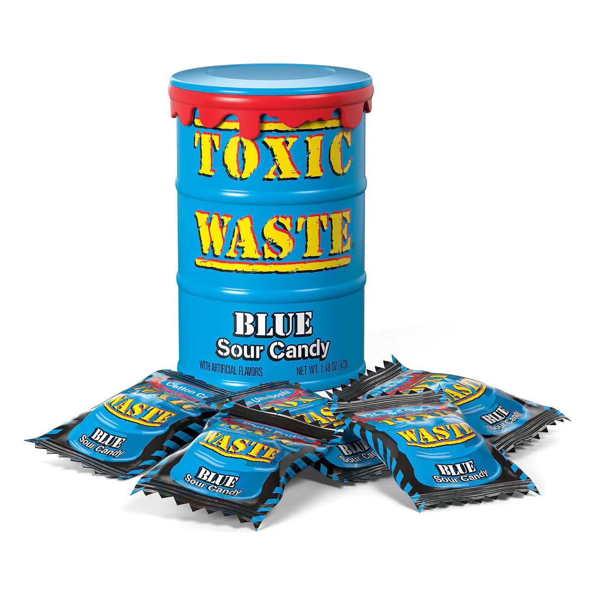 Blue container labeled 'Toxic Waste' with blue sour candy packages on a white background