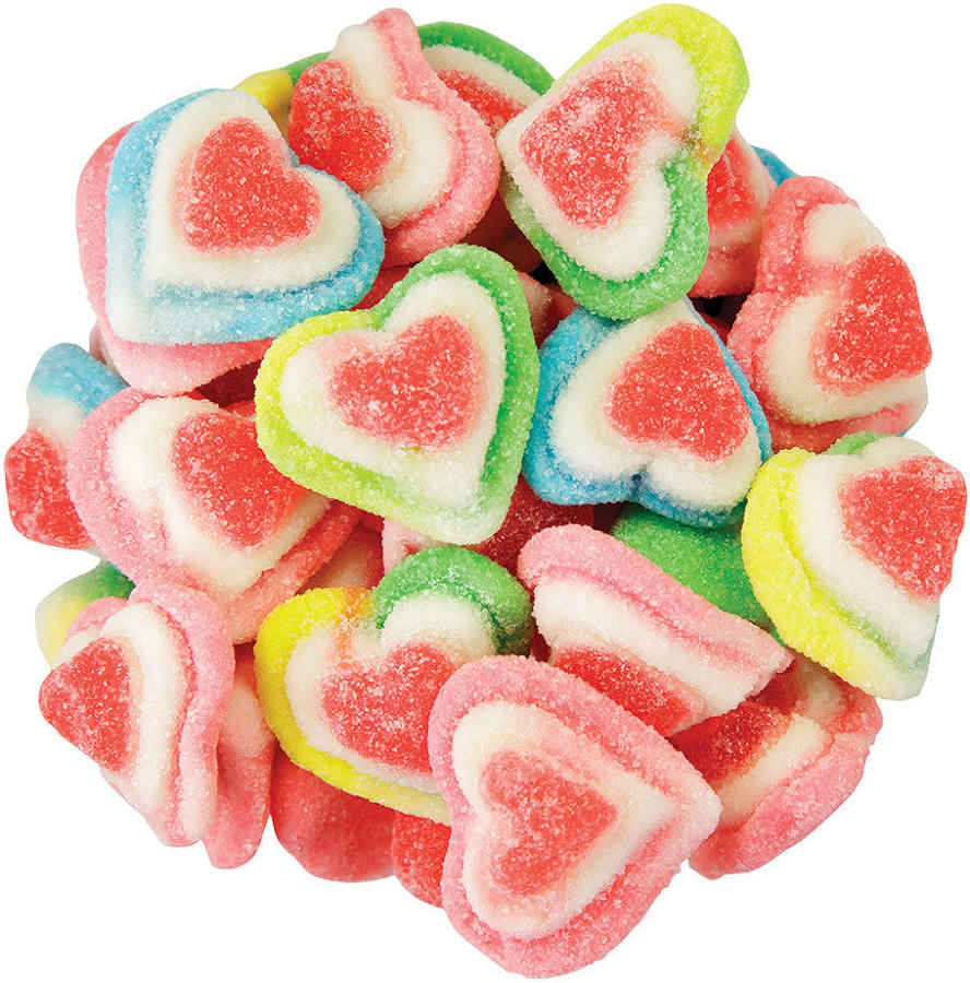 Close-up of Gummy Triple Layer Hearts showcasing pink, white, and red gummy layers in a colorful pile
