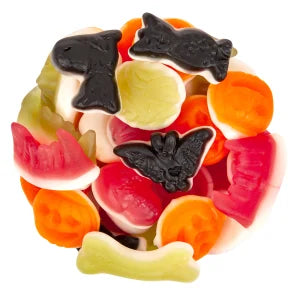 A pile of colorful Halloween-themed gummy candies, including black bat-shaped gummies, orange pumpkin gummies, pink watermelon gummies, and pale green bone gummies, on a white background